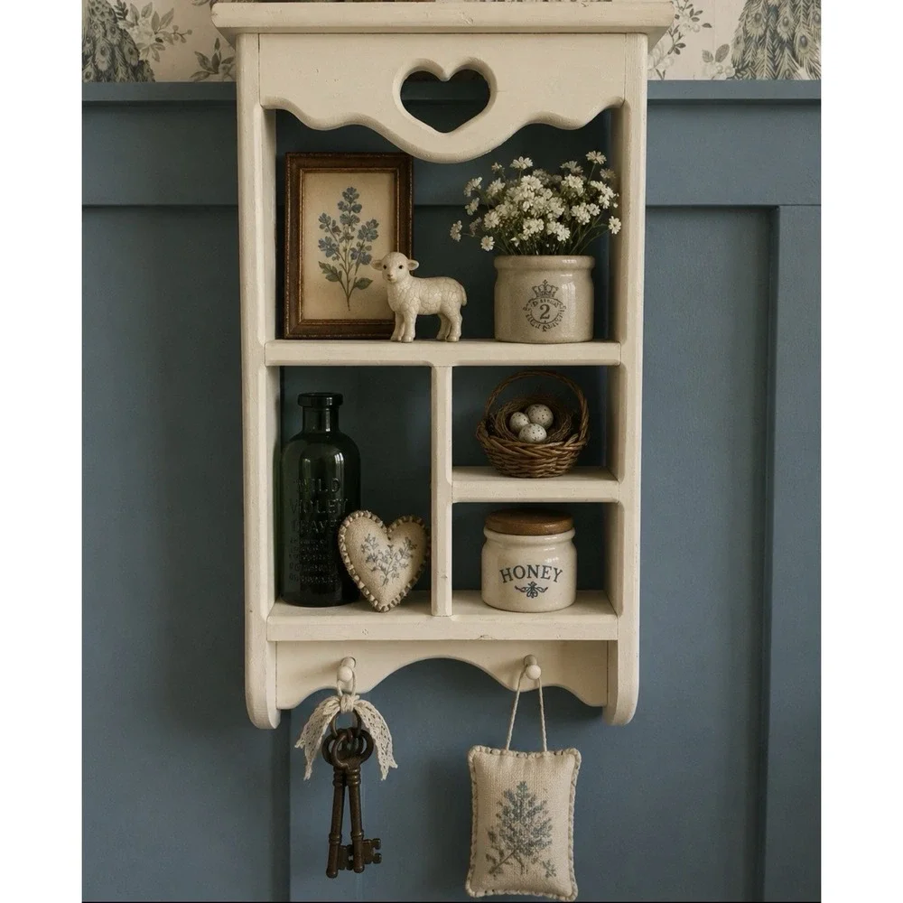 Vintage Country Trinket Wall Shelf Heart Cutout Peg Rack Cottage Farmhouse Wood